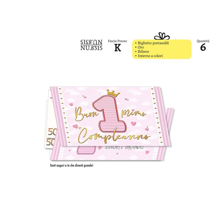BIGLIETTI AUGURI 1 ANNO ROSA NU.8315